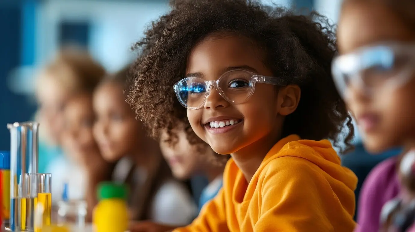 Feier zum Wissenschaftstag, bei der Kinder im Labor lernen.